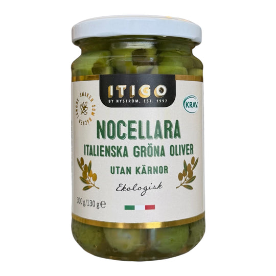 Nocellara oliver utan kärna Itigo eko/krav, 300g NYHET!